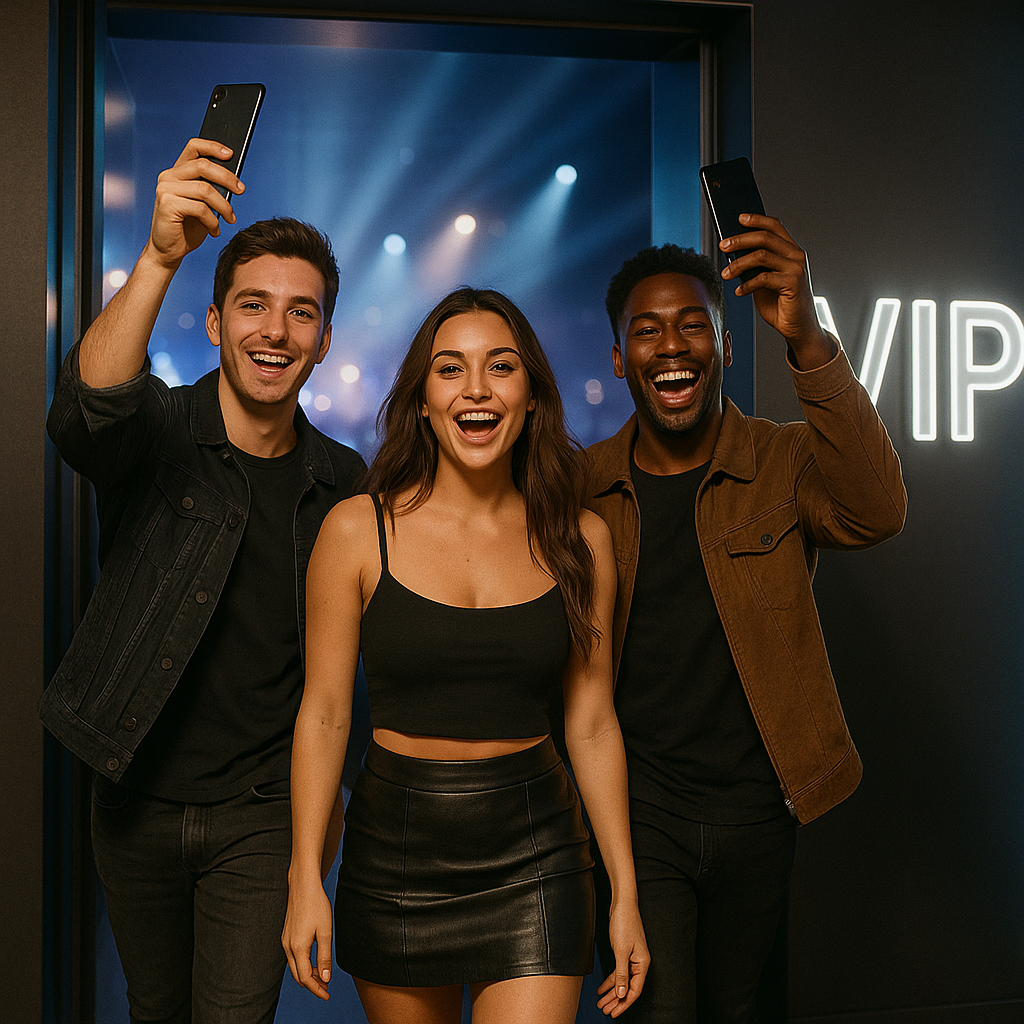 Happy fans at VIP event showing mobile tickets and exclusive access