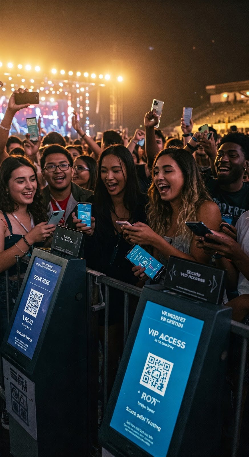 Smart ticketing technology at concert with QR codes and mobile tickets