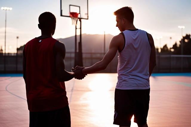 An athlete shaking hands with a teenage fan inside a basketball court
