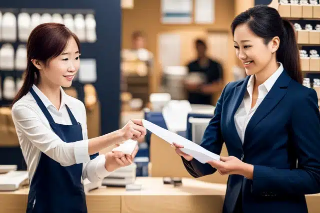 A person in a store handing a piece of paper to the sales person behind the counter