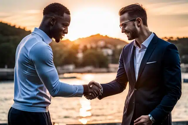 A fan shaking hands with a professional athlete