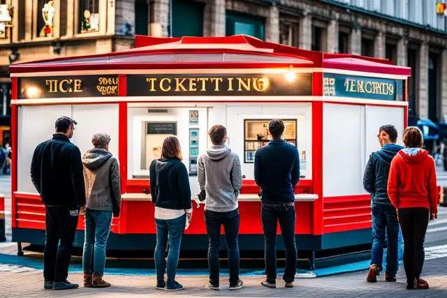 A ticketing booth with people lining up to purchase tickets