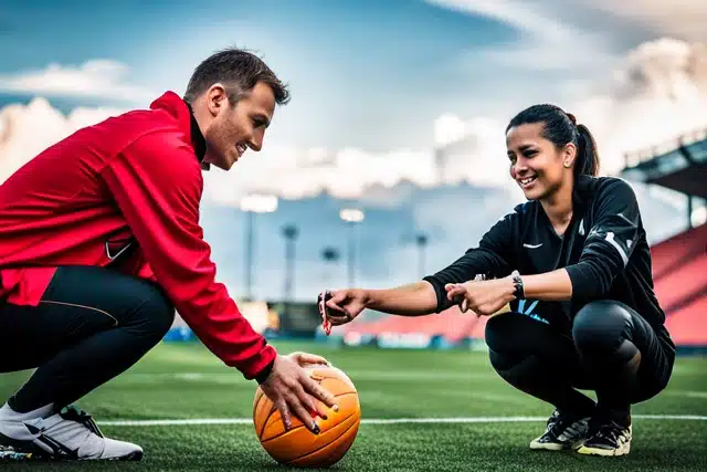 A pro athlete autographing a football for a fan