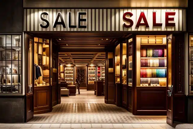 A retail store with a large sign that says SALE