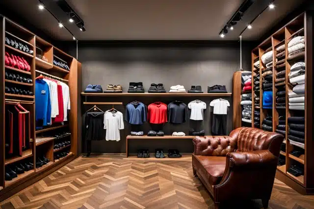 A sports store with jerseys, hats and socks against the back wall