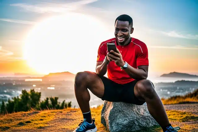 A person in a sports uniform looking at their phone and smiling