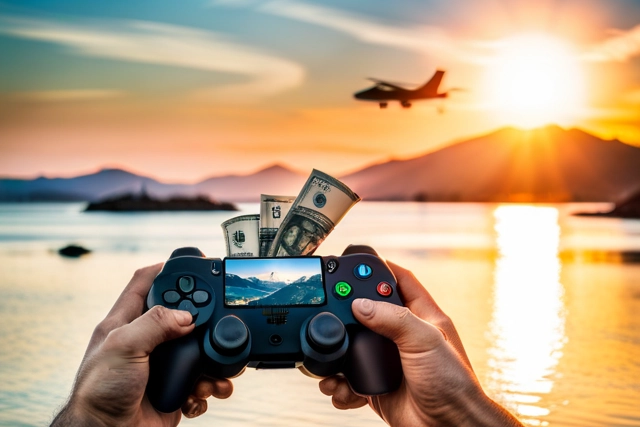 gamer holding game controller with a mountain of dollar bills