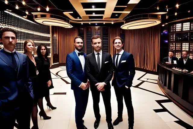 People wearing suits inside an upscale nightclub