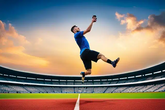 person holding an iphone in the air on a sports field