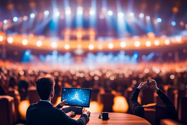 indoor arena with thousands of spectators watching computer gamers compete on stage