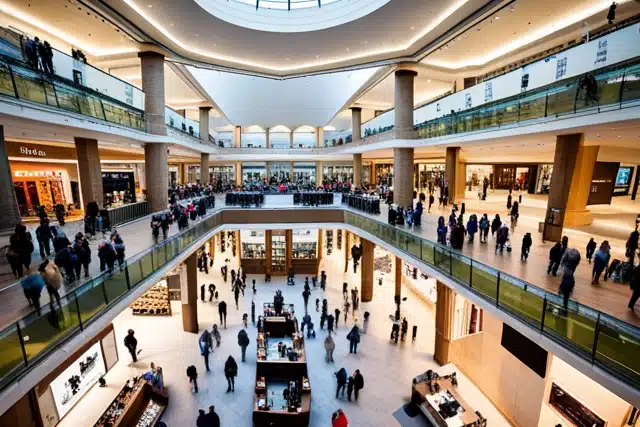 An aerial view of a shopping center with hundreds of people walking around