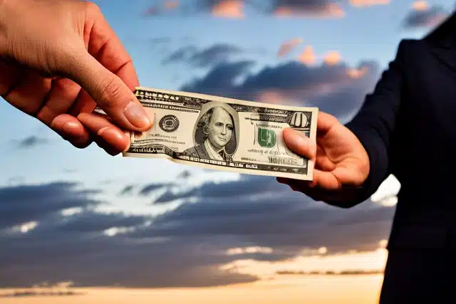 A woman handing a dollar bill to a man