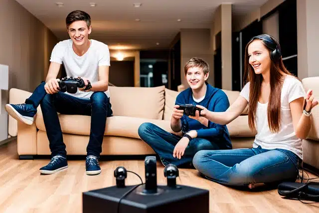 group of teenagers sitting in a living room and playing computer games on the tv