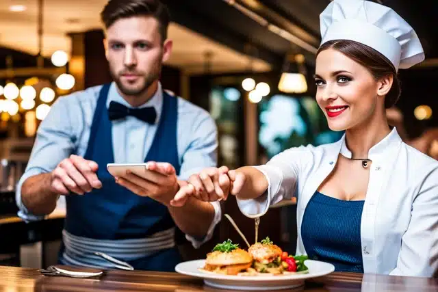 A person handing an iphone to a waitress in a restaurant