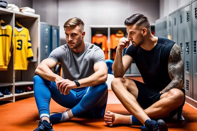 Athletes sitting in a locker room with clothes on