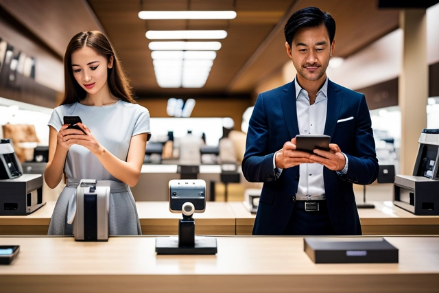 two shoppers in a store, holding out their phones at the checkout register