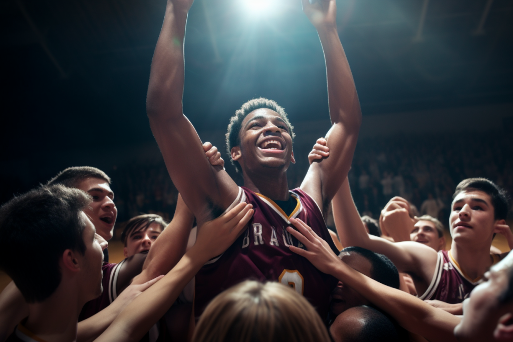 College team celebrating win