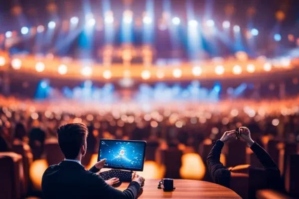 indoor arena with thousands of spectators watching computer gamers compete on stage